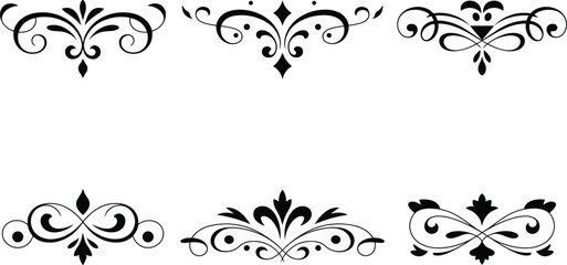 Set of six ornamental vintage flourishes, elegant black and white decorative swirls, classic vector elements for invitations and design