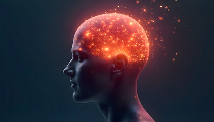 glowing abstract human head silhouette filled with vibrant particles represents creativity and imagination. luminous effect evokes sense of wonder and inspiration