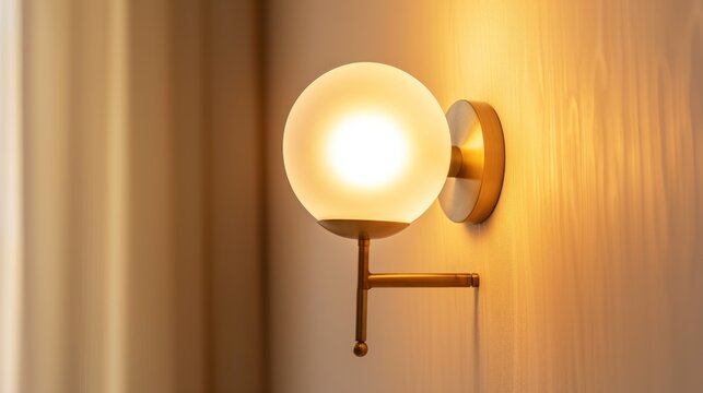 Modern spherical frosted glass wall lamp with warm golden glow, creating ambient lighting in a contemporary interior setting