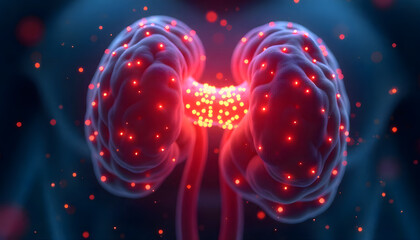 image depicts close up 3D render of adrenal glands, showcasing glowing and vibrant representation. intricate details highlight biological structure and function, evoking sense of wonder about human