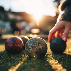A hand reaching for a metallic ball on a grassy field, with colorful balls in the background, illuminated by soft sunset light.