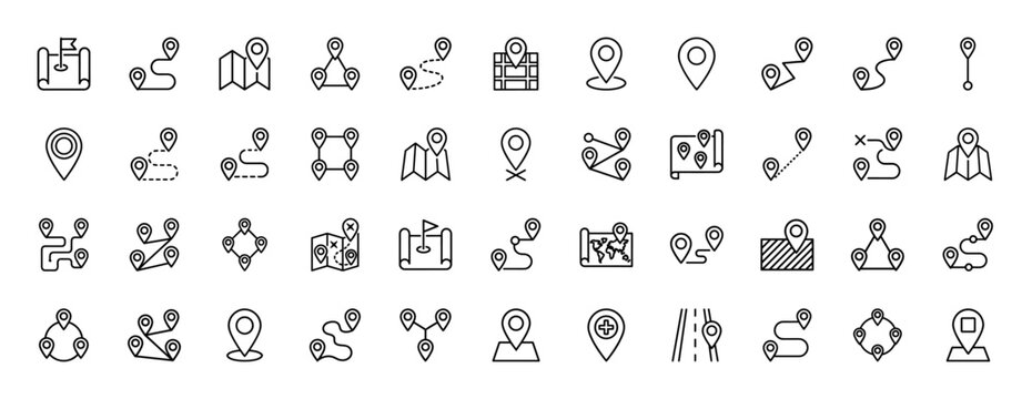 Map and location line icon set. Vector pictograms of navigation pins, routes, paths, destinations, and a map with flag, thin linear illustration.