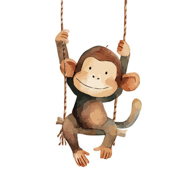 Cute Monkey on Swing Watercolor Illustration.