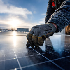 A worker adjusts a solar panel, reflecting the sun's rays, highlighting renewable energy and sustainability in action.