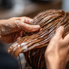 A close-up view of hands applying shampoo to wet, shiny hair, highlighting a hair care routine or salon treatment.