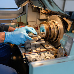 A technician in blue gloves is carefully working on precision machinery, focusing on components within a complex mechanical assembly.