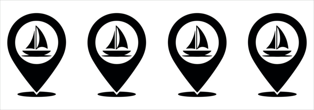 Explore sailing destinations with these sleek map pin icons featuring sailboats, perfect for travel apps and nautical themes, easy to customize and use.