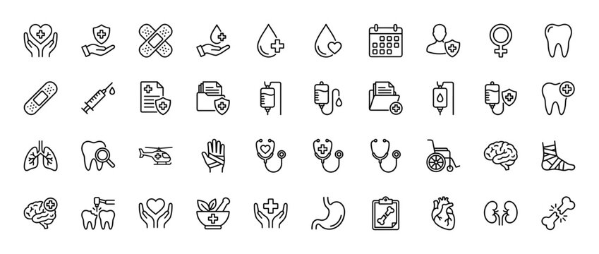 Healthcare line icon set. Vector pictograms of calendar, blood, band-aid, syringe, tooth, infusion, wheelchair, stethoscope, brain, and human organs, thin linear illustration.