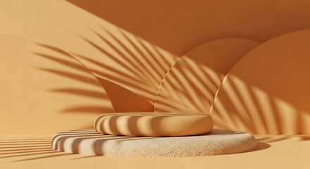 Podium with palm shadow on orange background