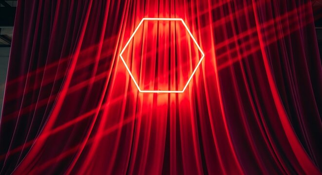 Neon hexagon glows against theatrical red curtains, stage presentation