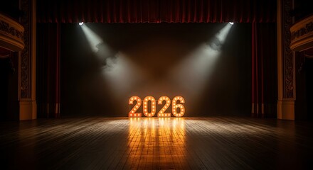 Marquee number 2026 illuminated on dark theater stage