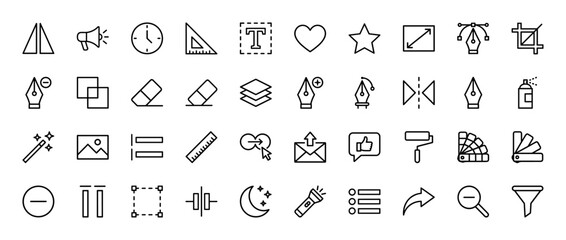 Graphic design line icon set. Vector pictograms of megaphone, heart, star, text, ruler, pen, crop, eraser, layers, image, palette, filter, and zoom tools, thin linear illustration.