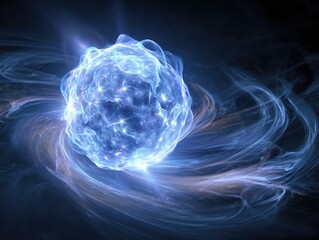 Glowing blue orb surrounded by swirling energy trails in a dark atmosphere