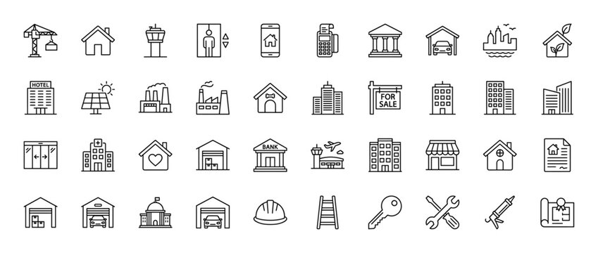 Architecture and construction line icon set. Vector pictograms of buildings, houses, tools, industrial sites, and urban infrastructure, thin linear illustration.