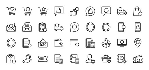 Shopping and e-commerce line icon set. Vector pictograms of carts, delivery, documents, smartphones, credit cards, discounts, and custom settings, thin linear illustration.