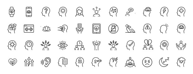 Mental health line icon set. Vector pictograms of thoughts, meditation, stress, sleep, wellness, emotions, and self-care concepts, thin linear illustration.