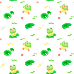 Frog with Lotus Leaf Seamless Pattern, Background	
