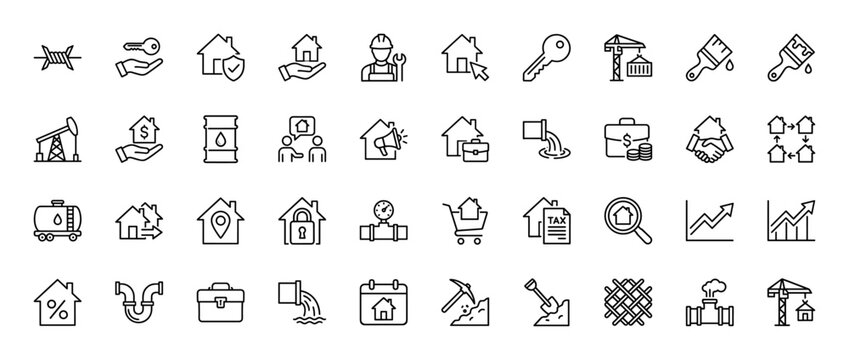 Real estate and construction line icon set. Vector pictograms of property, keys, workers, oil industry, financial growth, and building services, thin linear illustration.