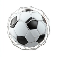 Soccer ball caught in a net, black and white polygons against a plain backdrop