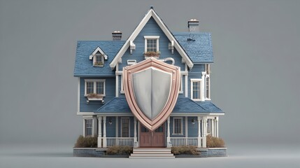 3D digital rendering of a residential house protected by a shield. Concept: home security, property protection, cybersecurity for smart homes, safety, emphasizing safeguarding residential property wit