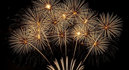 Golden fireworks exploding in the night sky during a celebration
