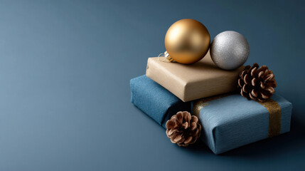 Elegant Christmas gifts with golden and silver ornaments, pinecones, and festive wrapping on blue background