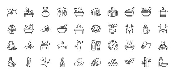 Spa and wellness line icon set. Vector pictograms of massage, hot tub, bath, cosmetic products, essential oils, and relaxation treatments, thin linear illustration.