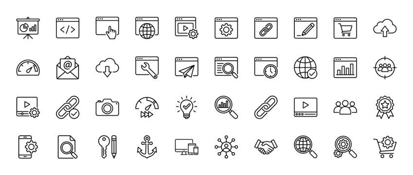 Web services line icon set. Vector pictograms of browser windows, coding, global network, analytics, settings, search, mail, and development, thin linear illustration.