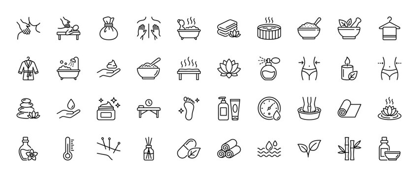 Spa and wellness line icon set. Vector pictograms of massage, hot tub, bath, cosmetic products, essential oils, and relaxation treatments, thin linear illustration.