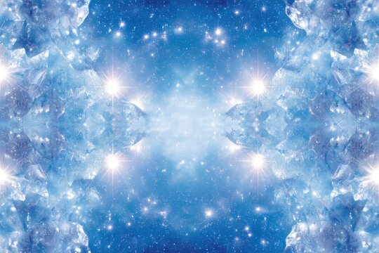 Symmetrical cosmic dreamscape with glittering blue crystals and celestial lights