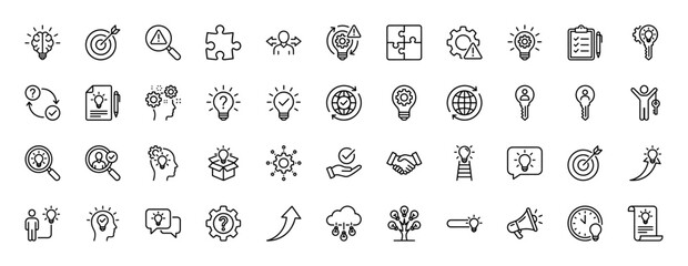 Business and innovation line icon set. Vector pictograms of lightbulb, target, puzzle, brain, gears, handshake, and solutions, thin linear illustration.