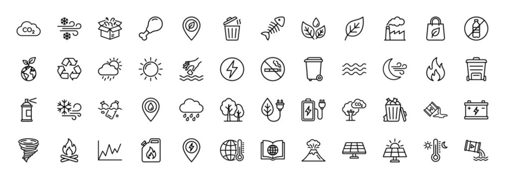 Environment and energy line icon set. Vector pictograms of recycling, pollution, solar panels, factory, battery, weather, global warming, and waste, thin linear illustration.