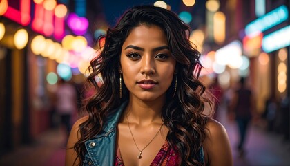 Fototapeta premium Portrait of a woman at night amidst blurred, colorful city lights, with long hair and wearing a denim vest