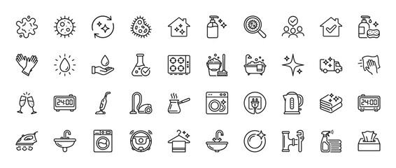 Cleaning and hygiene line icon set. Vector pictograms of cleaning products, home appliances, sanitation tasks, and germ prevention, thin linear illustration.