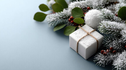 White gift box tied with twine surrounded by frosted pine branches, red berries, and green leaves on light blue background