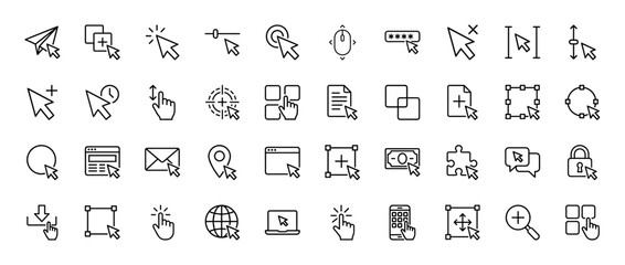 Obraz premium User interface line icon set. Vector pictograms of cursors, clicks, selections, documents, mail, security, and web elements, thin linear illustration.