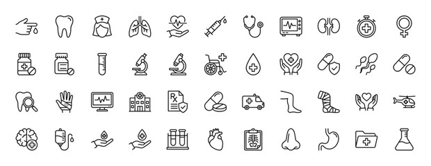 Medical care line icon set. Vector pictograms of nurse, stethoscope, syringe, pills, hospital, heart, lungs, ambulance, microscope, diagnostics, thin linear illustration.
