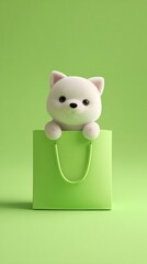 Adorable plush toy kitten in a vibrant green shopping bag toys shopping plush toy kitten green shopping