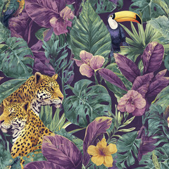 Obraz premium Seamless tropical jungle pattern with leopards, toucan, and exotic leaves on dark background