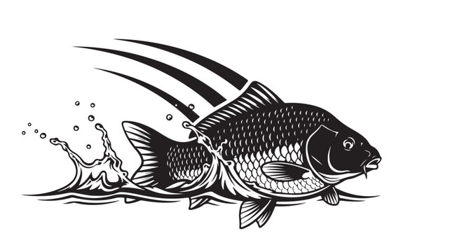 Dramatic carp leaping from water, creating dynamic splash effect for fishing enthusiasts and outdoor adventures, showcasing strength and agility in a sleek monochrome design, perfect for logos