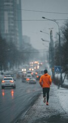 Man Jogging in Snowy Urban Setting During Winter Evening urban winter jogging snow urban winter city