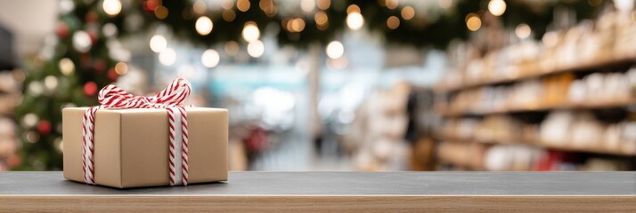 Festive gift box with red and white ribbon on table holiday celebration gift box ribbon holiday festive