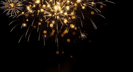 Obraz premium Golden fireworks exploding in a dark night sky with bokeh lights