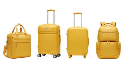 Yellow luggage set travel bags suitcase backpack duffel bag on transparent background