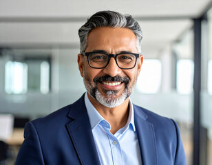 Fototapeta premium Confident businessman smiling, looking at camera in office