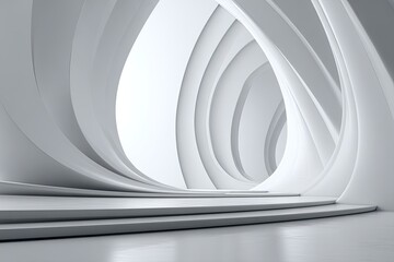 Abstract smooth white curved layers form a shell-like shape with stairs