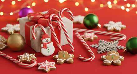 Festive Christmas scene with wrapped gift, candy canes, gingerbread cookies, snowflakes, ornaments on red background with warm lights, joyful holiday composition for winter marketing, greeting cards