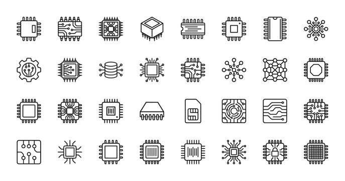 Computer hardware line icon set. Vector pictograms of microchips, processors, integrated circuits, circuit boards, and data storage, thin linear illustration.