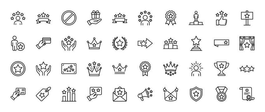 Rating and achievement line icon set. Vector pictograms of customer reviews, stars, crowns, medals, trophies, podiums, gifts, shields, and certificates, thin linear illustration.