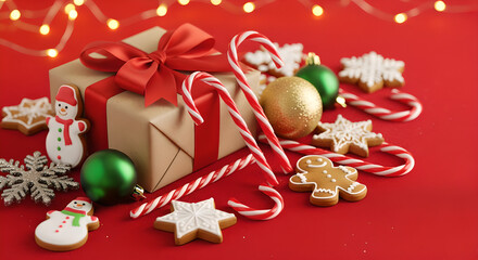 Festive Christmas scene with wrapped gift, candy canes, gingerbread cookies, snowflakes, ornaments on red background with warm lights, joyful holiday composition for winter marketing, greeting cards